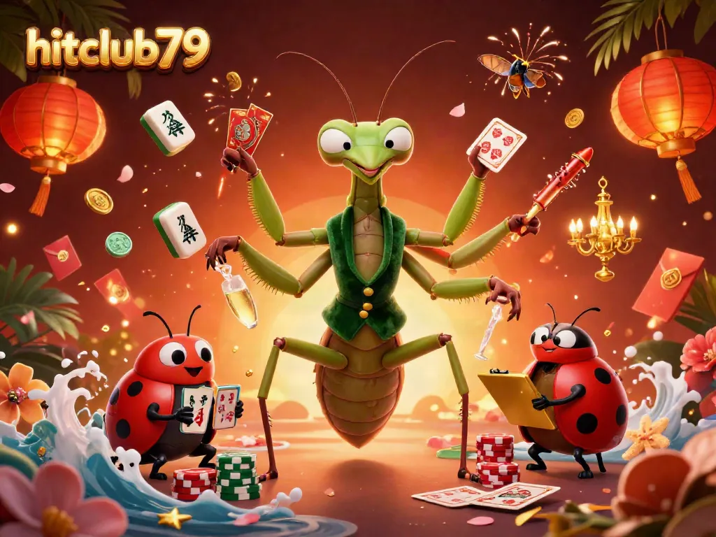 Engage with the vibrant world of hitclub79, featuring a giant praying mantis card sharp and dynamic gambling elements.