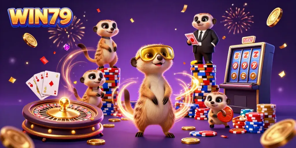Experience excitement with WIN79's meerkat-themed casino adventure, showcasing vibrant games and fun!