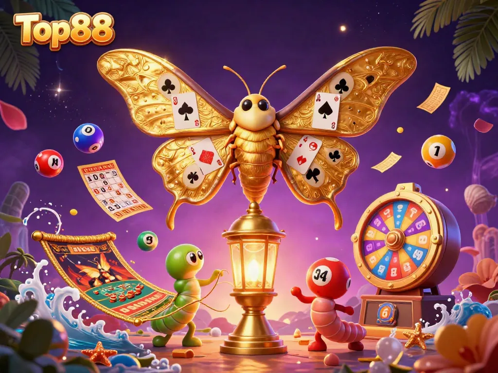 Engage with Top88's vibrant casino fantasy featuring a golden atlas moth and colorful gaming elements.