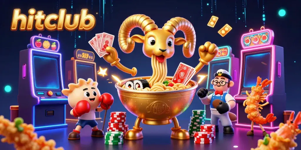 Hitclub's vibrant slot scene showcases the golden ramen bowl dealer and fun casino elements.