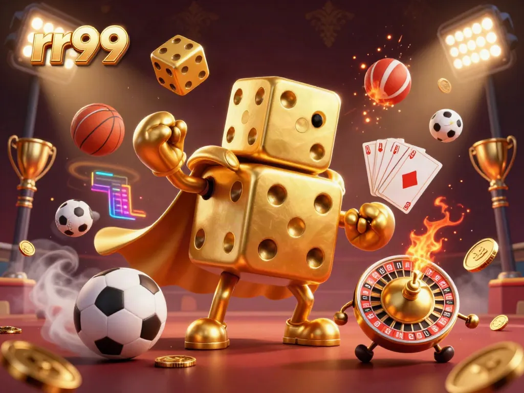 Experience exciting games at rr99 with a dynamic golden dice golem and vibrant casino elements.