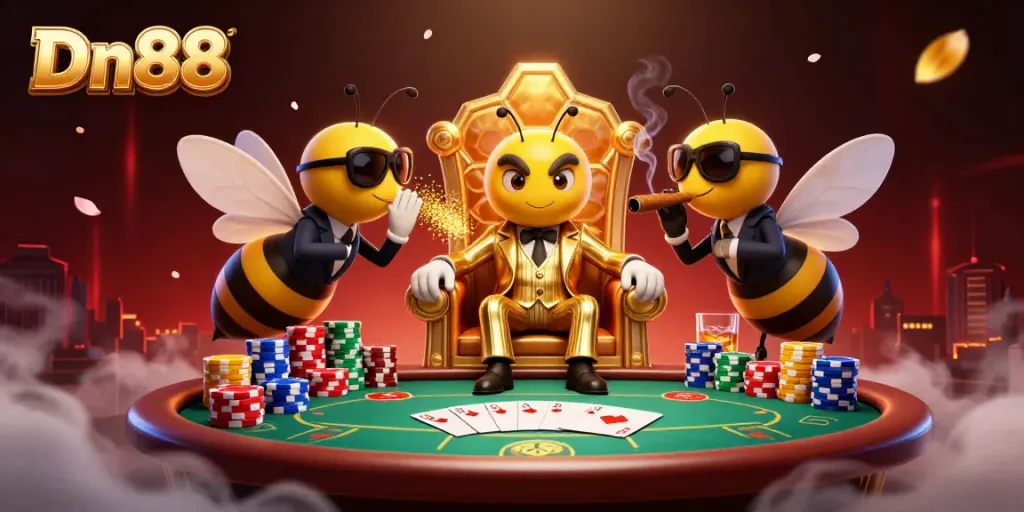 Engage in poker gameplay with Dn88 as a bumblebee mob boss leads a vibrant scene