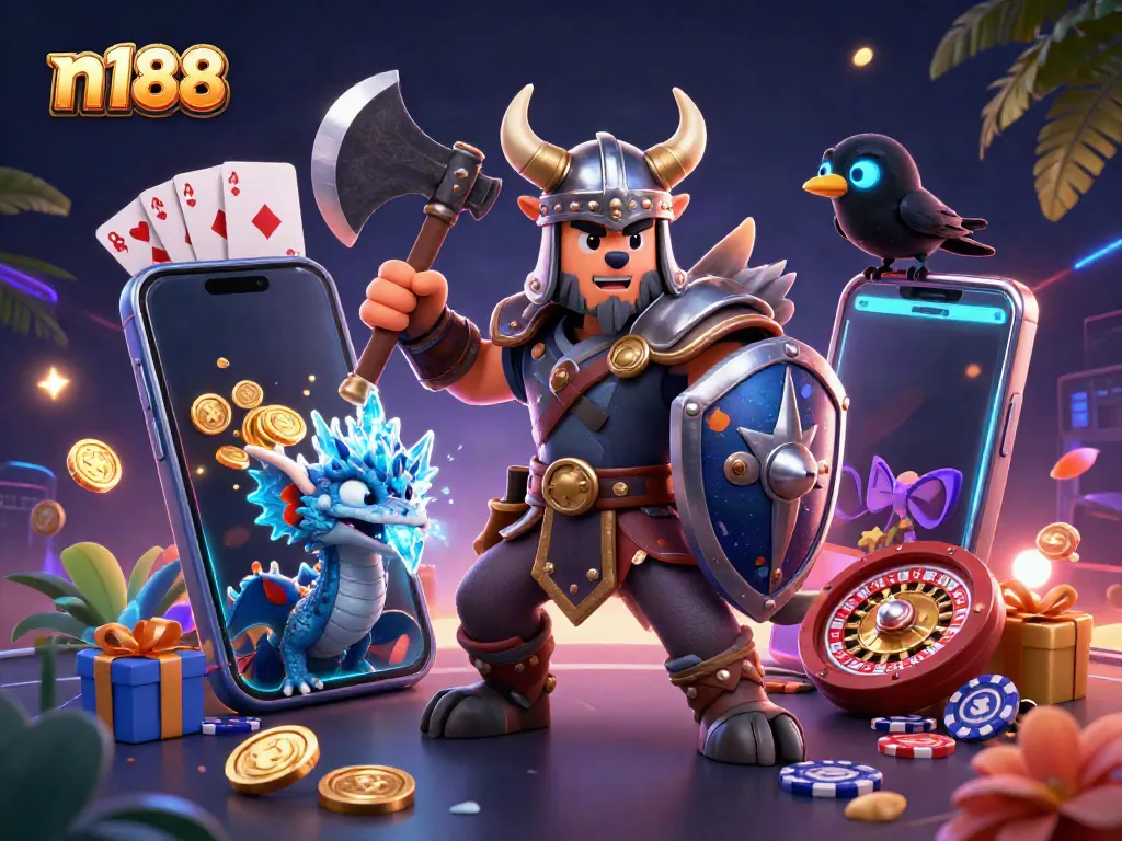 Engage with n188 through vibrant 3D characters in a dazzling casino scene.