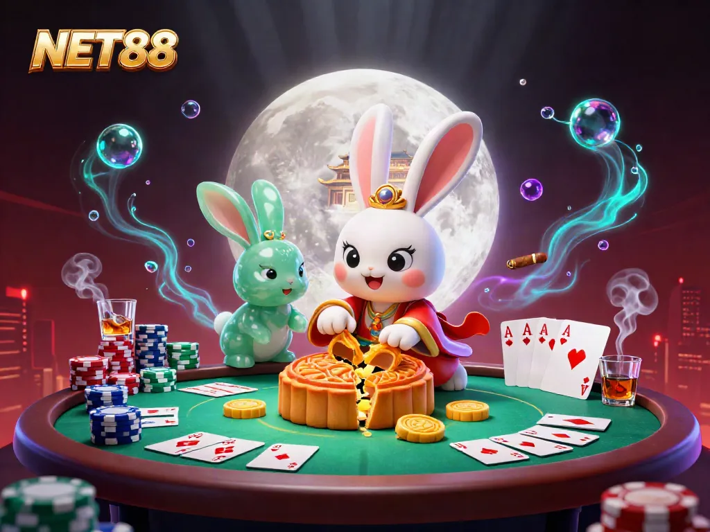 Join the excitement at NET88 with a captivating scene of a moon rabbit revealing poker chips on a lunar landscape.
