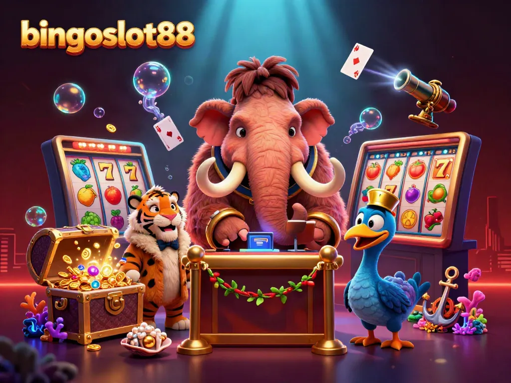 Gambarkan momen menarik bingoslot88 dengan karakter kasino dan elemen permainan menarik