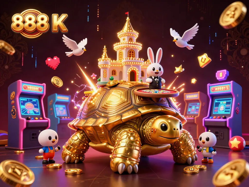 Experience thrilling 888 K gameplay amid vibrant casino elements in this lively 3D illustration.