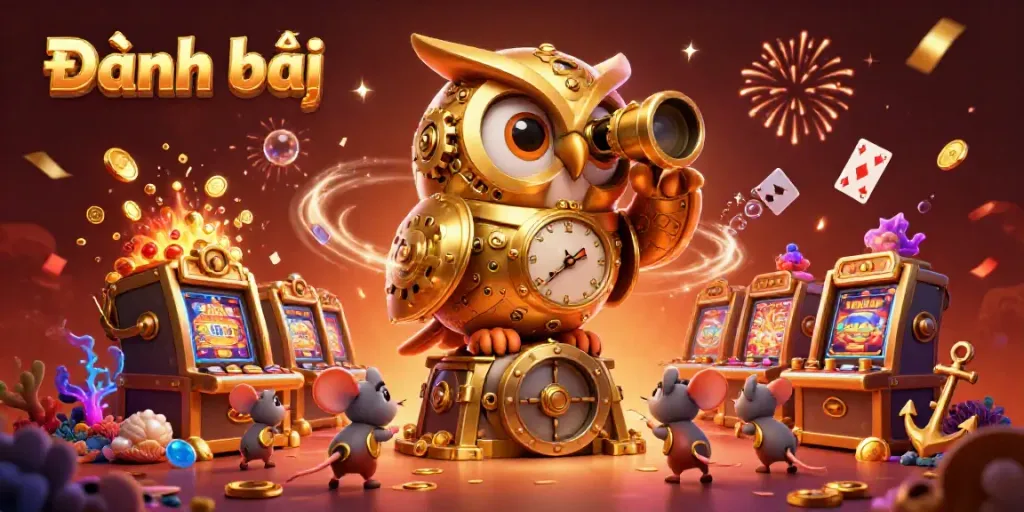 Experience Đánh bài with a golden owl and lively casino scenes filled with treasures.