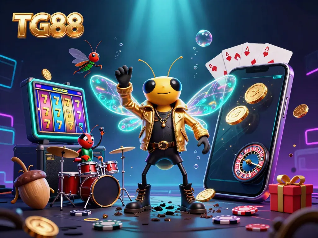 Experience the vibrant world of TG88 with exciting slot games and dynamic characters in an animated casino setting.