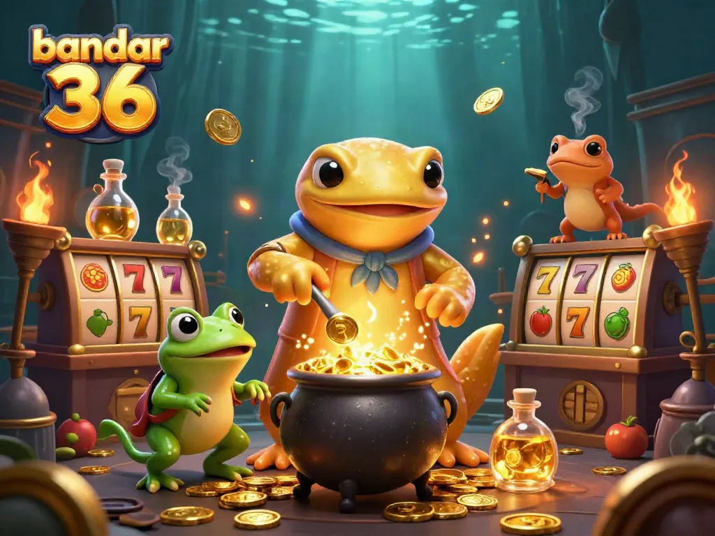 Menangkan jackpot terbaik di bandar 36 dengan simbol slot yang berkilauan dan karakter kartun menarik.
