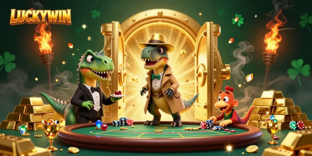 LUCKYWIN velociraptor card counter at blackjack table, surrounded by gold treasures and dynamic casino elements.