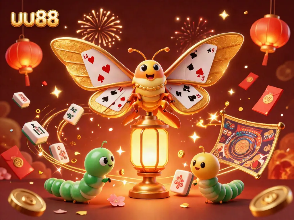 Engage in thrilling gaming with uu88, featuring a golden moth and captivating casino elements.