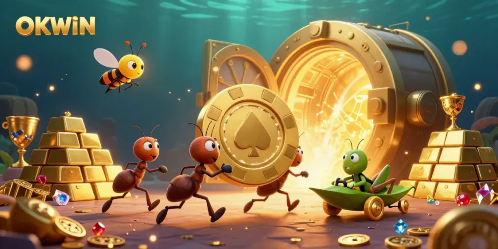 Join the OKWIN adventure as 3D cartoon ants carry a giant poker chip through vibrant treasure-filled tunnels.