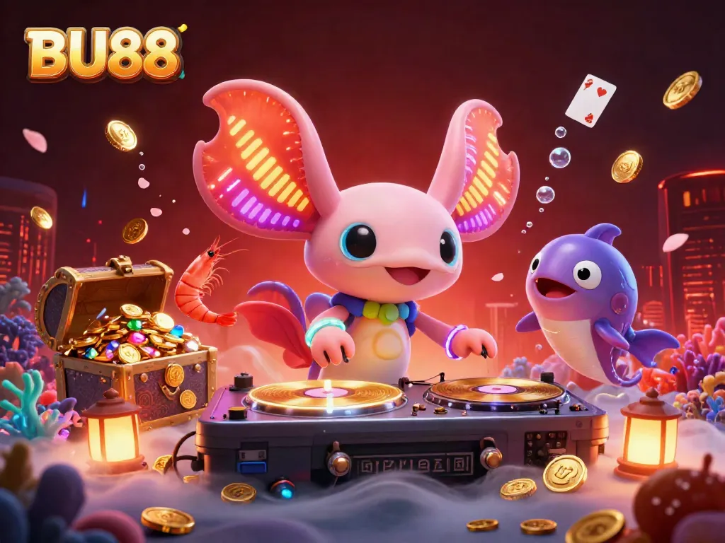 Experience the vibrant energy of BU88 with a neon axolotl DJ leading an underwater casino scene alive with treasure and excitement.