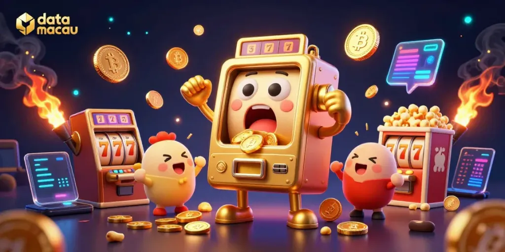 Data macau memperlihatkan mesin slot emas 3D dengan jackpotnya, dikelilingi elemen kasino yang kaya.