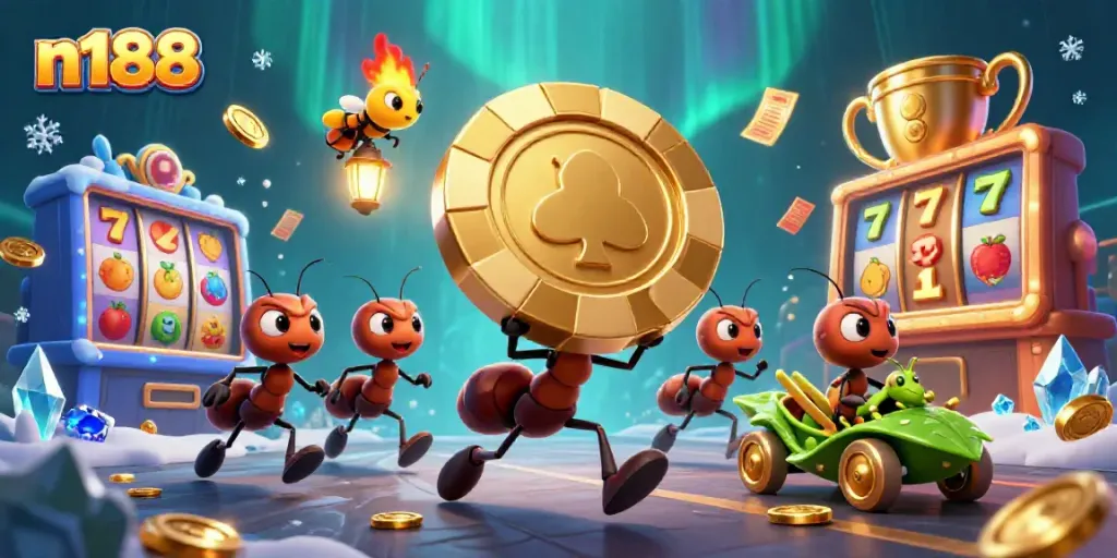 Engage with n188's lively casino scene featuring charming ants heisting a golden poker chip amidst 3D slots.