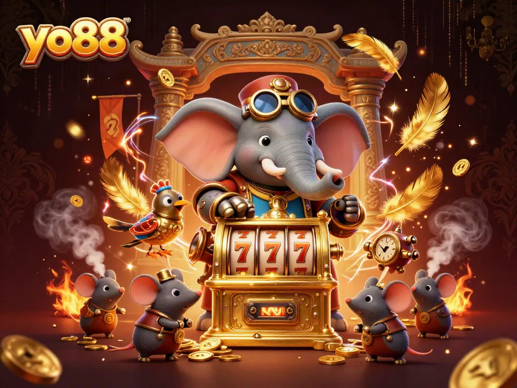 Experience exciting slots at yo88 with a steampunk elephant and dazzling game elements.