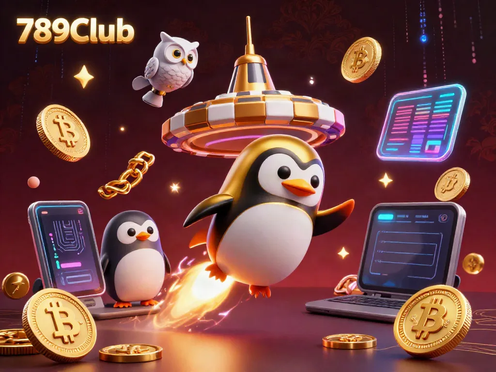 Engage with 789Club's vibrant casino world, featuring a golden penguin in space surrounded by crypto coins.