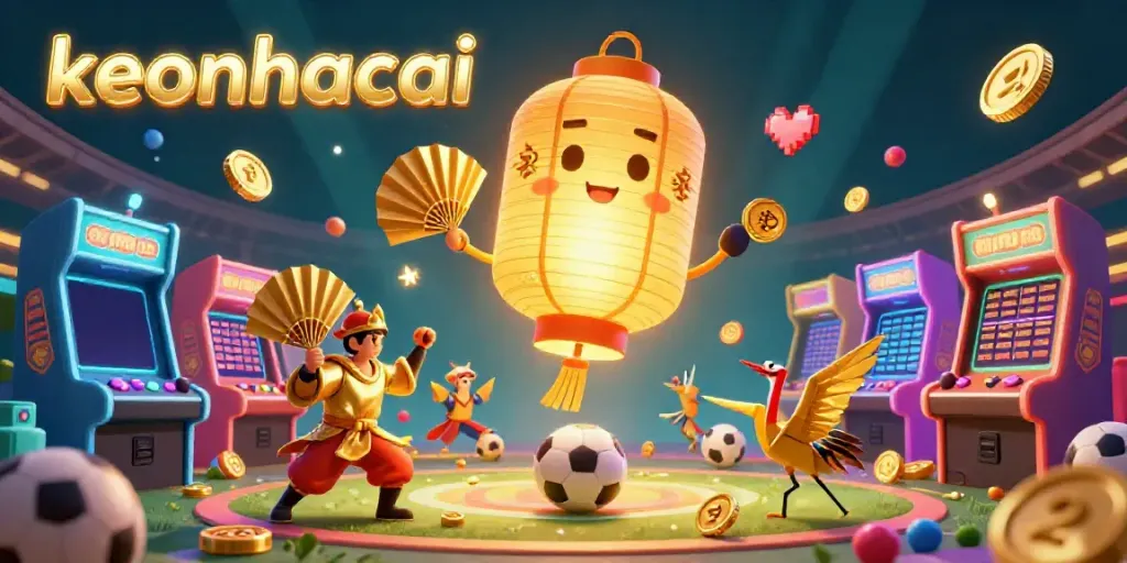 Engage with keonhacai's dynamic sports betting scene featuring a golden lantern spirit, fans, and vibrant game elements.