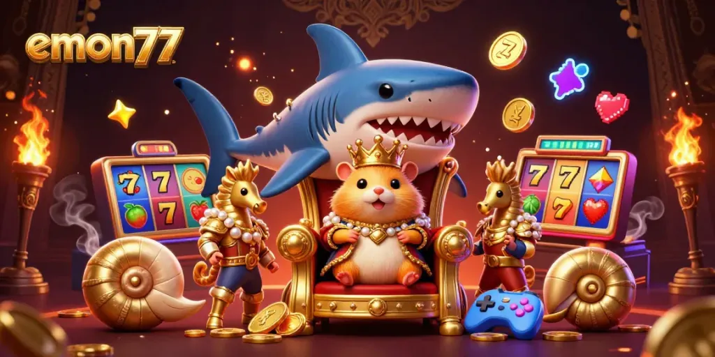 Engage with emon77's vibrant digital casino experience featuring a golden hamster king and colorful slot machines.