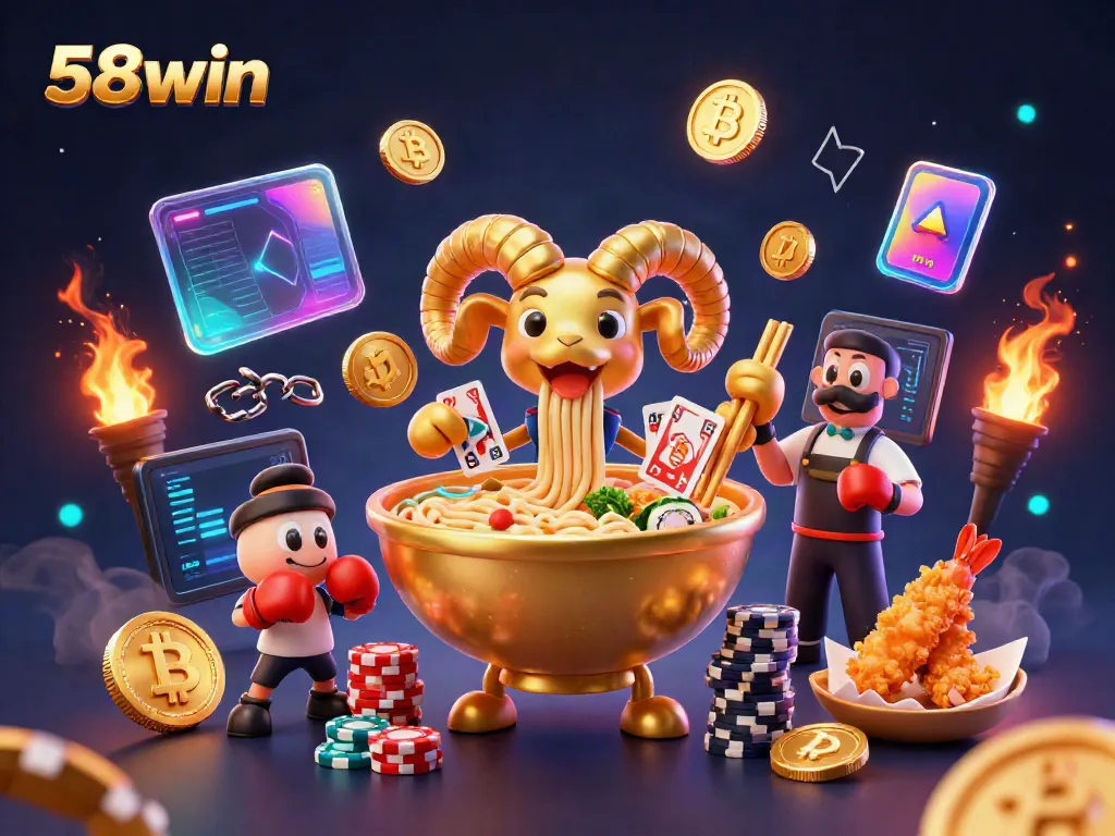 Engage in thrilling 58win gameplay with golden ramen characters and neon 3D elements.