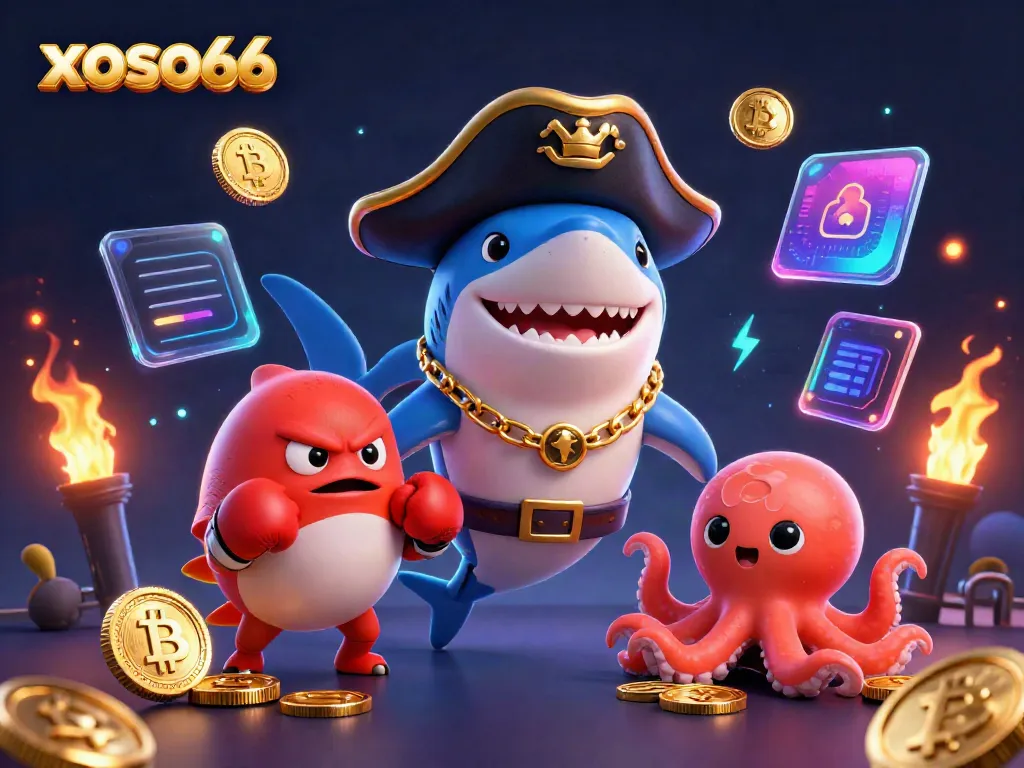 xoso66 platform featuring a cartoon pirate shark and colorful gambling elements in an engaging 3D scene