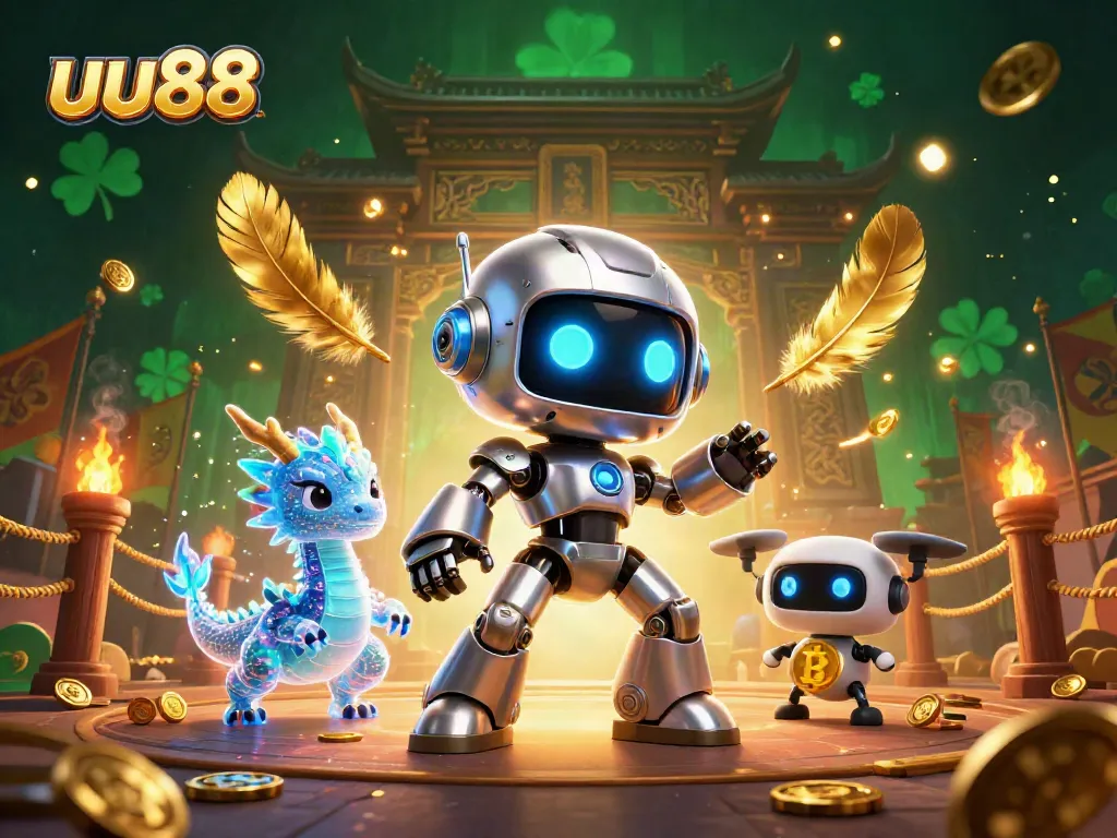 Experience thrilling action with uu88's vibrant casino scene featuring a cyberpunk robot and dragon.