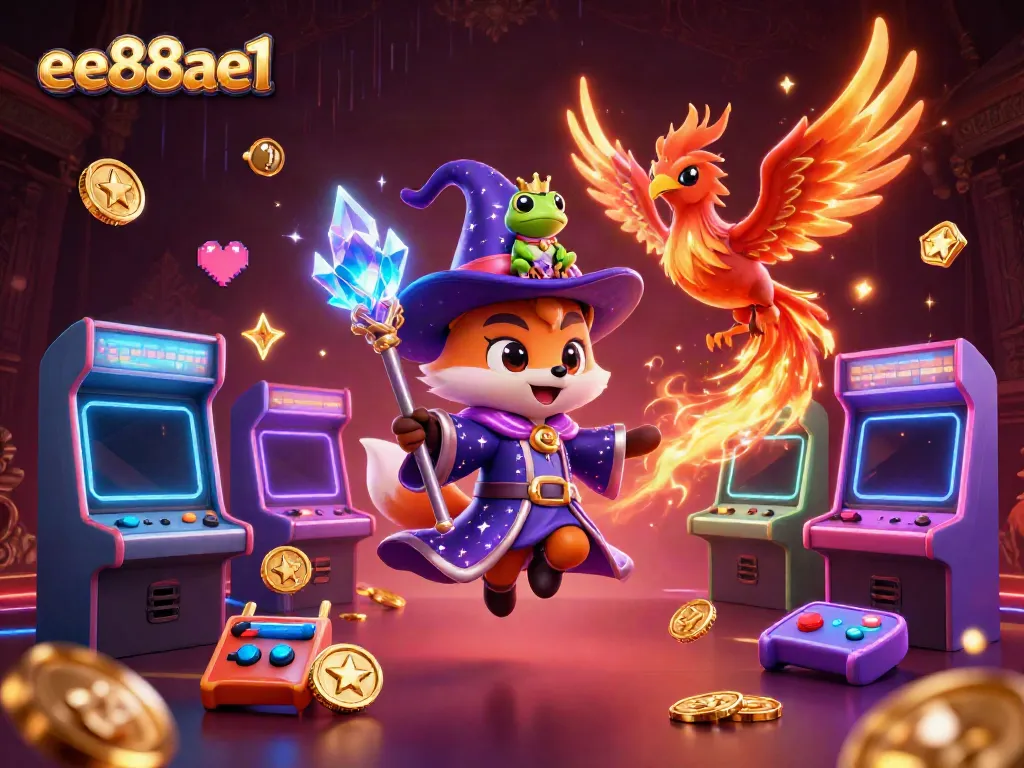 Engage with the vibrant illustrated world of casino gaming featuring ee88ae1, showcasing a wizard fox, phoenix, and game elements.