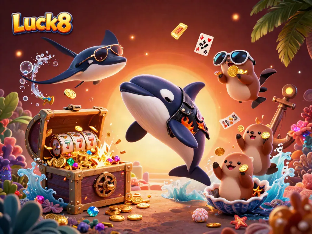Experience the thrill of Luck8 with exciting slot reels and dynamic sea characters in this vibrant casino-themed illustration.