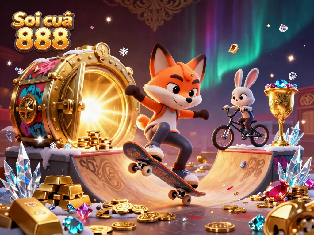 Soi cầu 888 features a lively skateboard fox and BMX rabbit surrounded by treasure and casino symbols.