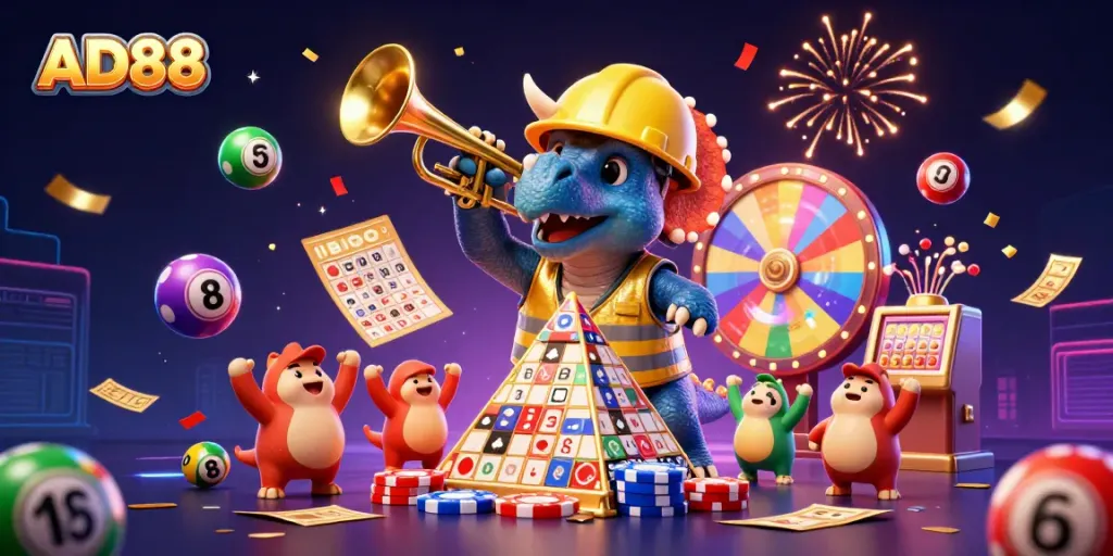 Celebrate at AD88 with thrilling games and vibrant casino elements in an exciting 3D scene.