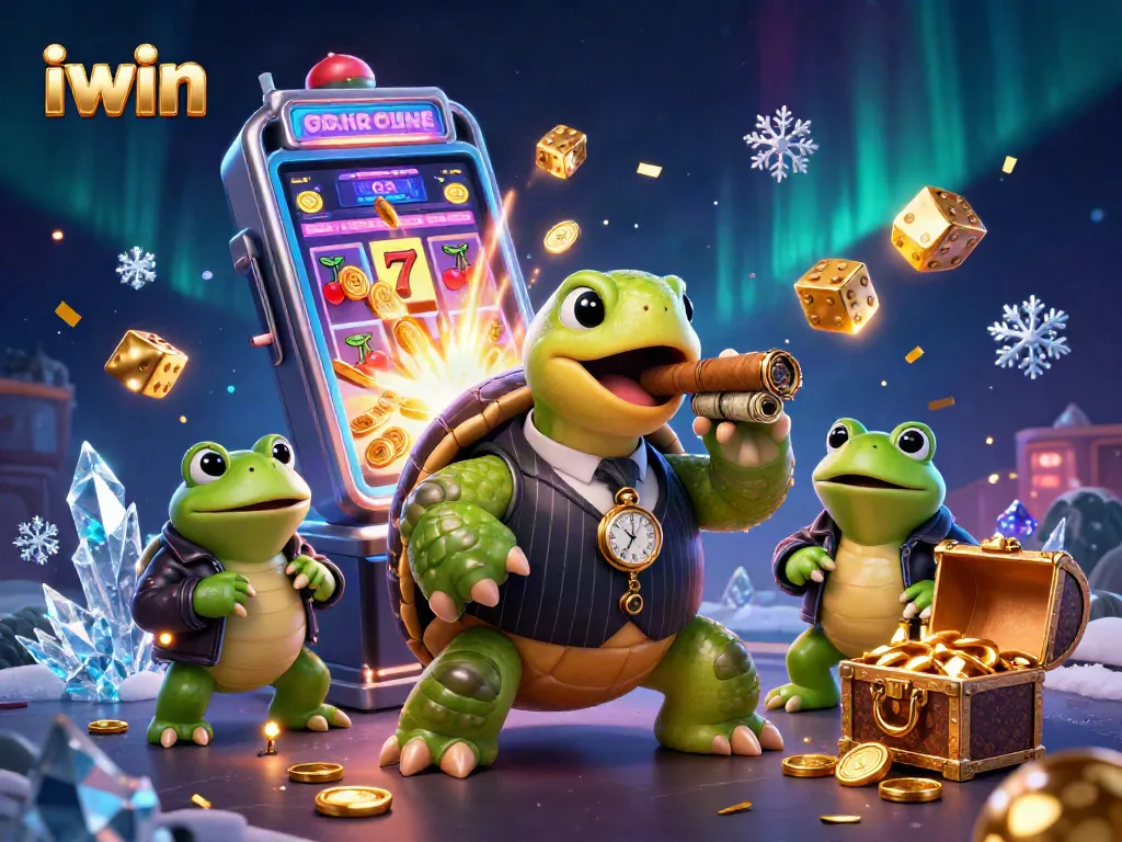 iwin's unique casino gaming scene featuring a mobster turtle and frog enforcers amidst jackpot elements.