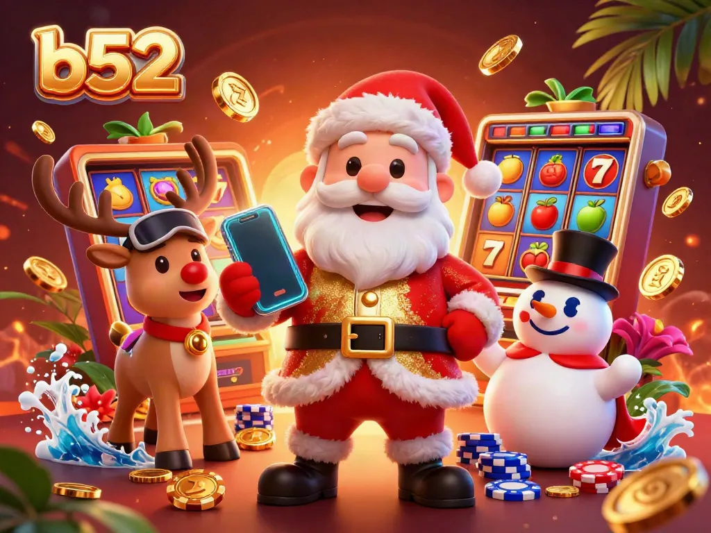 Join Santa and friends at the b52 casino, unveiling thrilling jackpot slots in a vibrant festive scene.