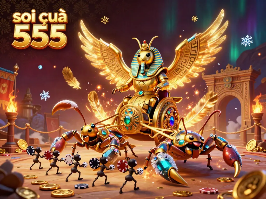 Soi cầu 555 illustrated scene showcasing the majestic scarab beetle with decorative elements and gaming icons.