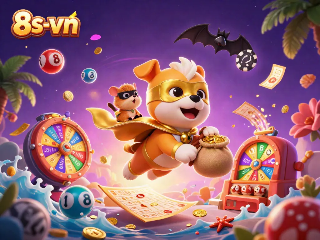 Experience thrilling gameplay with 8s-vn as a superhero dog flies high, showcasing casino excitement.