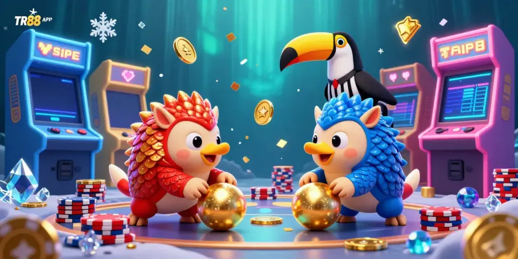 Engage with TR88 APP in an action-packed casino themed 3D gaming scene featuring colorful characters and elements.