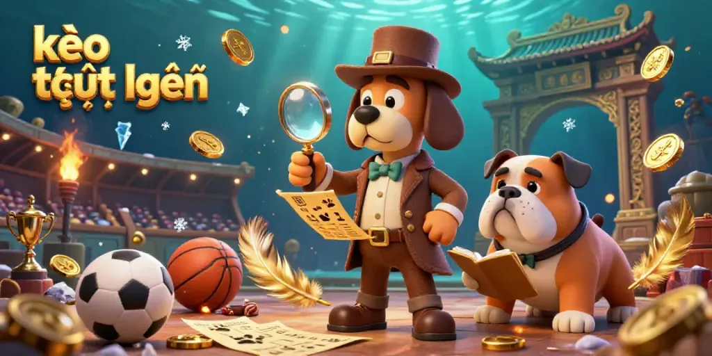 Discover winning clues with kèo trực tuyến as a cartoon detective investigates a treasure of sports betting elements.