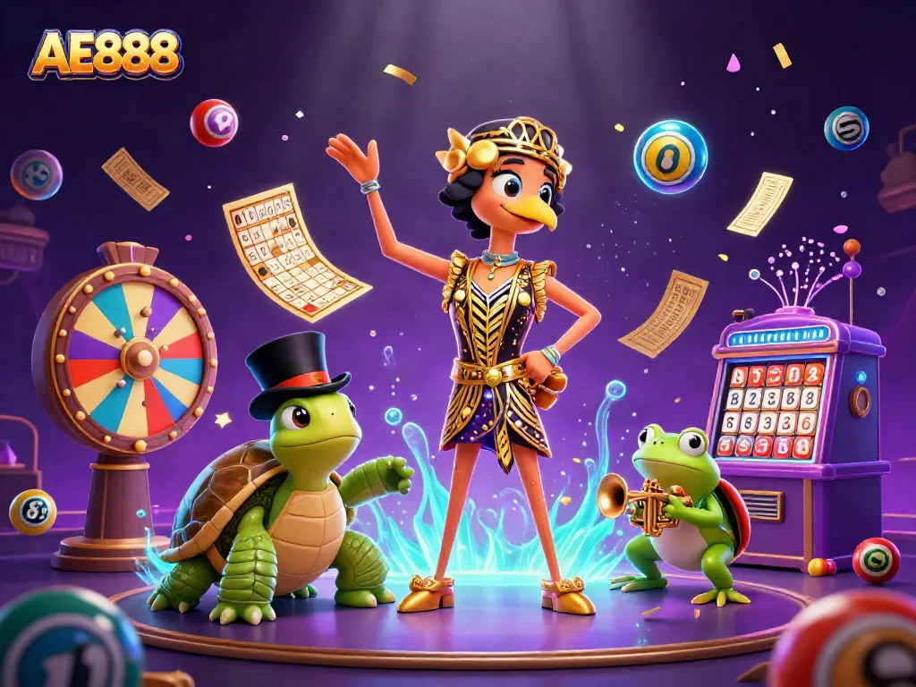 Experience AE888 with vibrant lottery and casino elements featuring unique characters in a lively digital scene.