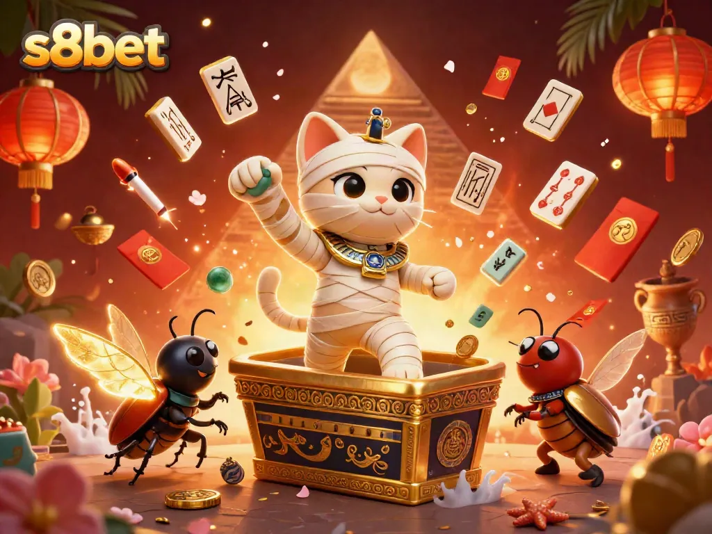 Join the excitement at s8bet with a vibrant scene featuring a mummy cat and scarab beetle in a dynamic casino environment.