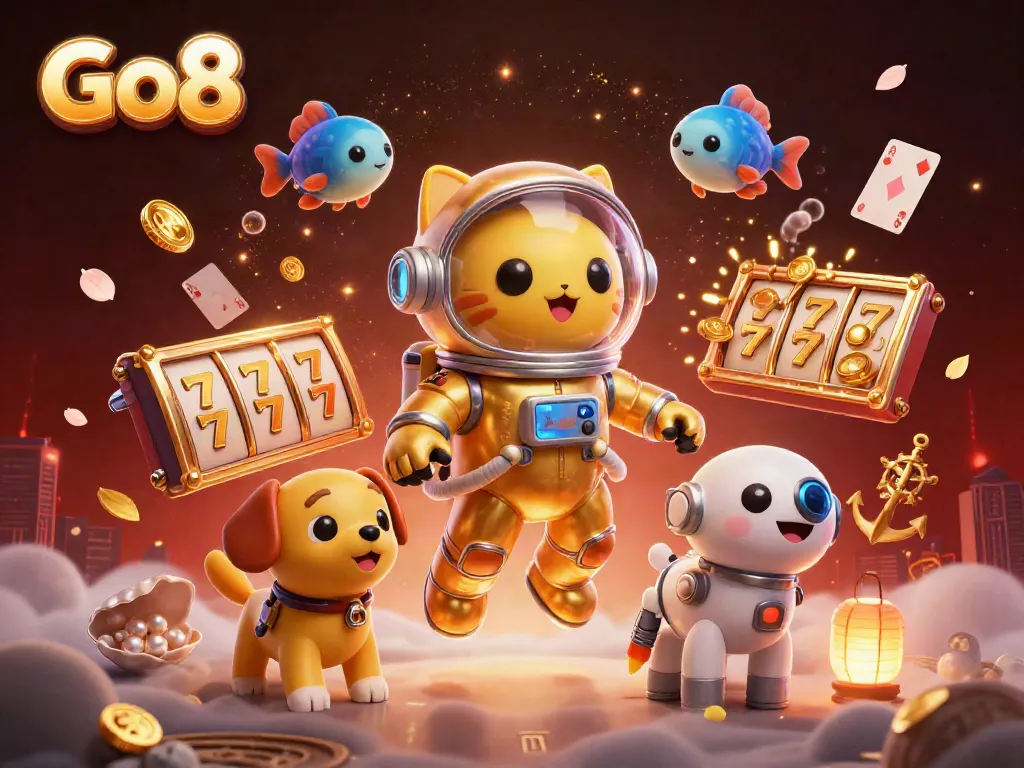 Experience thrilling gameplay with Go8 in this vibrant 3D casino illustration featuring lottery activities.