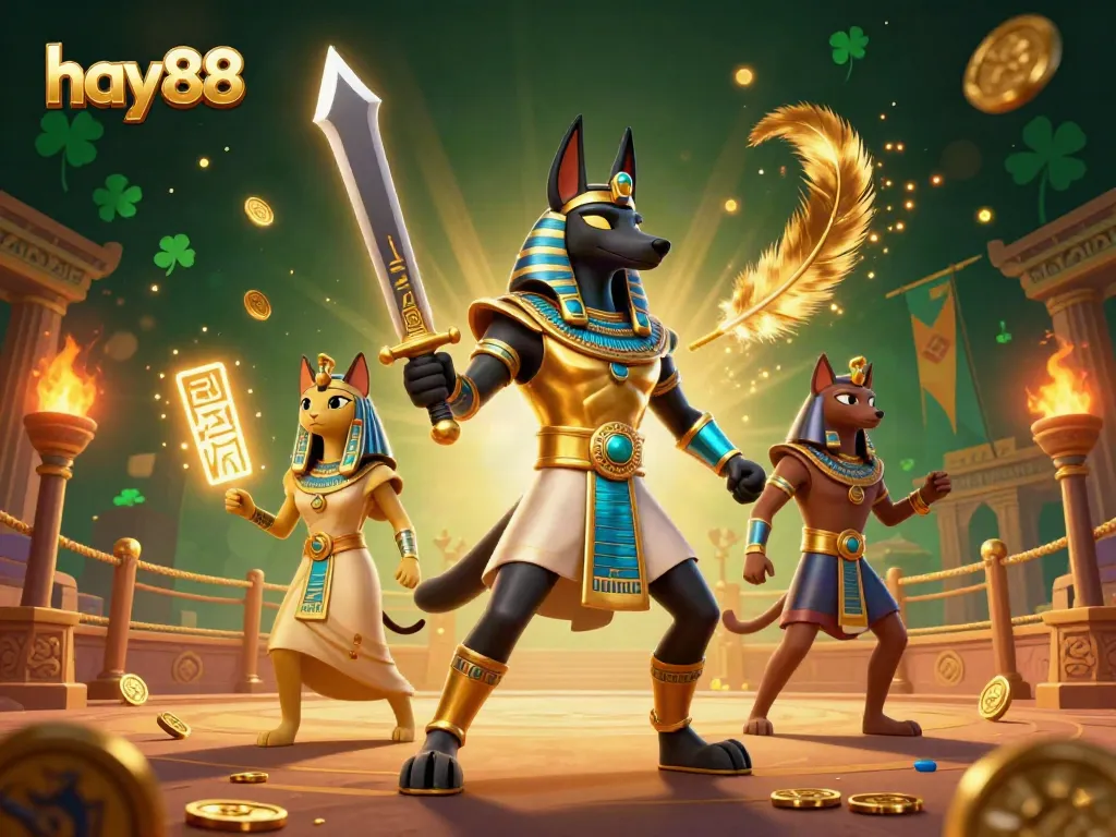 Engage in thrilling gameplay at hay88 with Anubis and Bastet among gold coins and hieroglyphs.