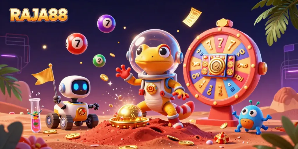 Engage with RAJA88's thrilling casino adventure featuring a Martian gecko and vibrant slot themes.