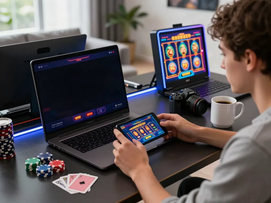 Engaged user playing da88 online slot games on a laptop, vibrant atmosphere with gaming elements.
