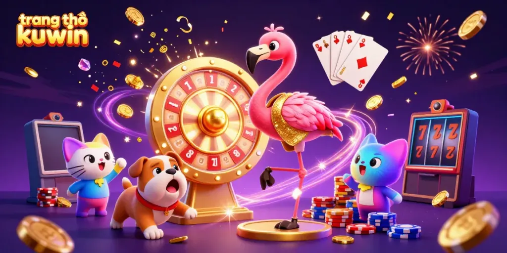 Spin to win at trang chủ kuwin with an energetic game show scene featuring fun characters.