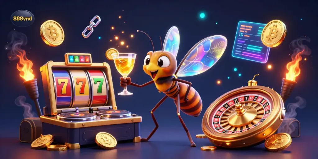 Experience thrilling wins at 888vnd with a vibrant scene of a casino in action, showcasing games and crypto.