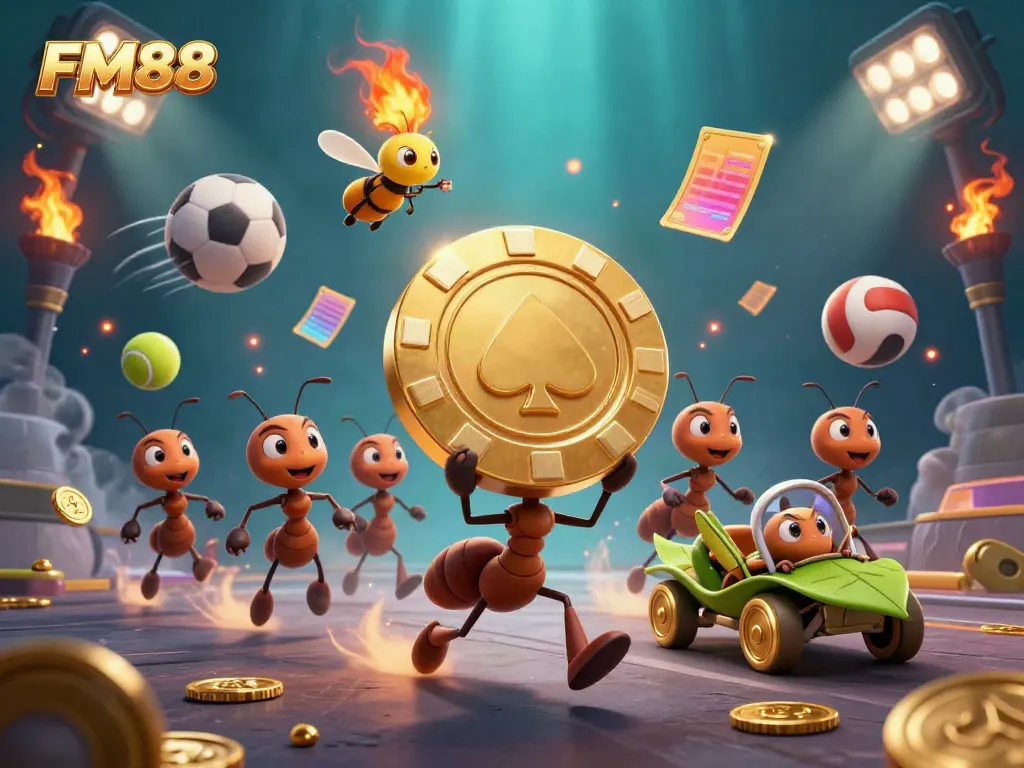 FM88 brings excitement as ants navigate a heist with a golden poker chip amidst dynamic sports elements.
