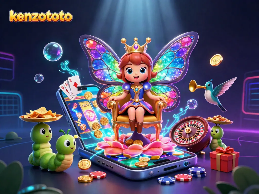 Experience kenzototo's vibrant gaming world with a stunning 3D casino illustration showcasing colorful game elements.