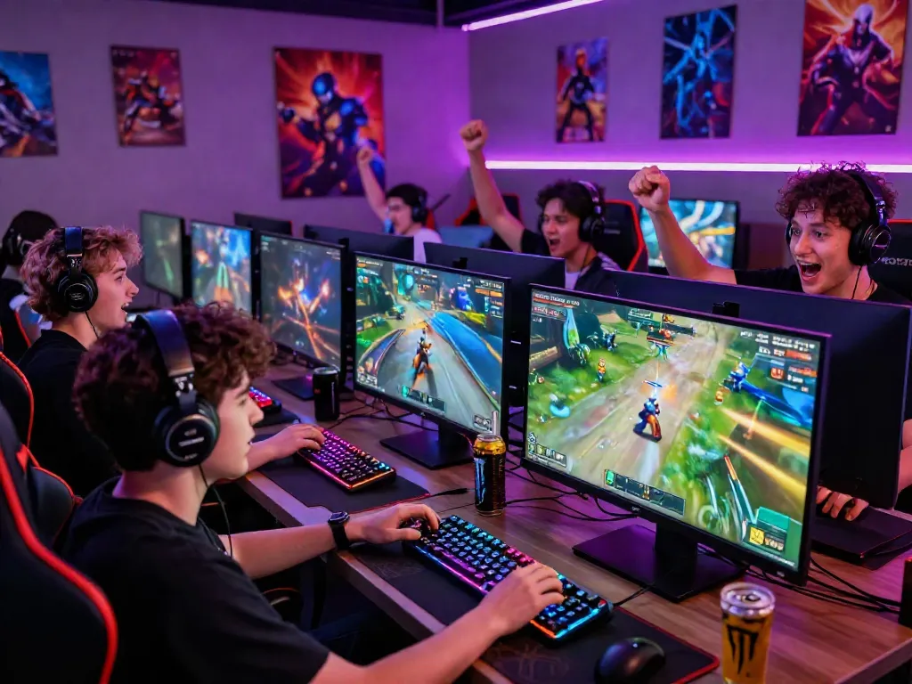 Engaging gaming scene at garuda404 lounge with diverse gamers and vibrant atmosphere.