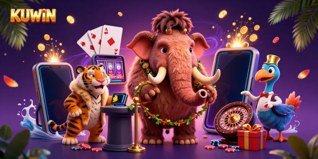 Experience exhilarating gaming at KUWIN with a dynamic casino scene featuring unique characters and gaming elements.