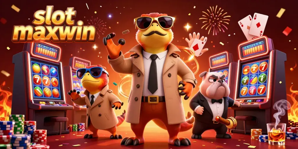 Menampilkan slot maxwin dengan tiga raptor dalam jas mencoba masuk ke lounge VIP kasino yang megah.