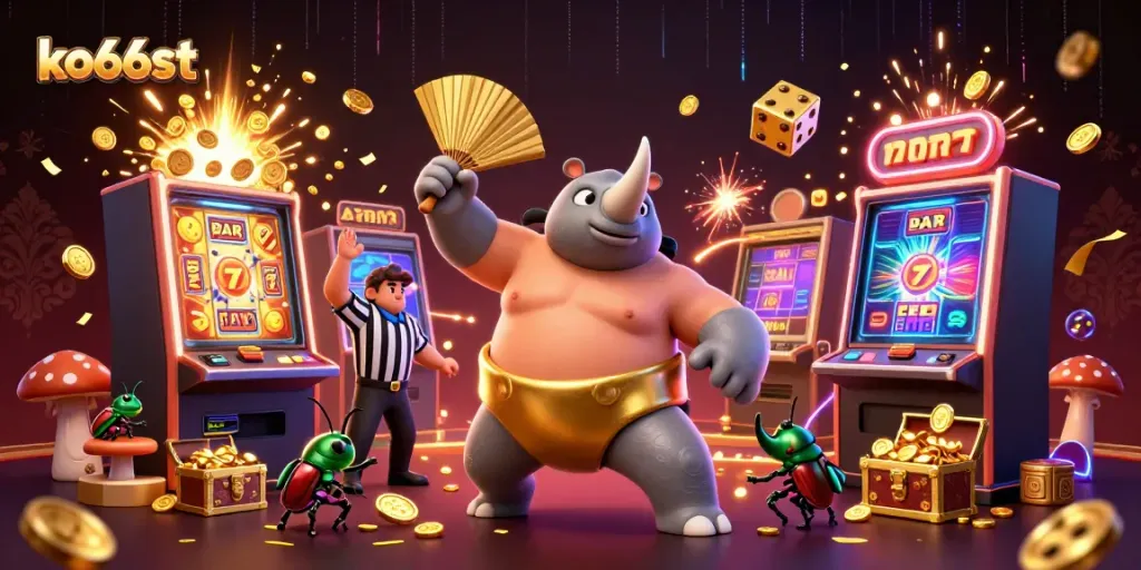 Experience excitement at ko66st with cartoon beetles in a vibrant casino scene.
